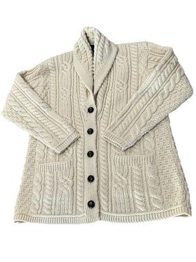 Aran Merino Wool Boyfriend Cable Knit Button Front Long Sleeve Cardigan Size XL